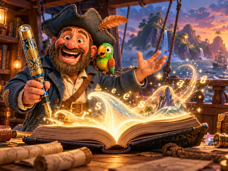 A pirate captain raising a quill as words stream from a glowing storybook