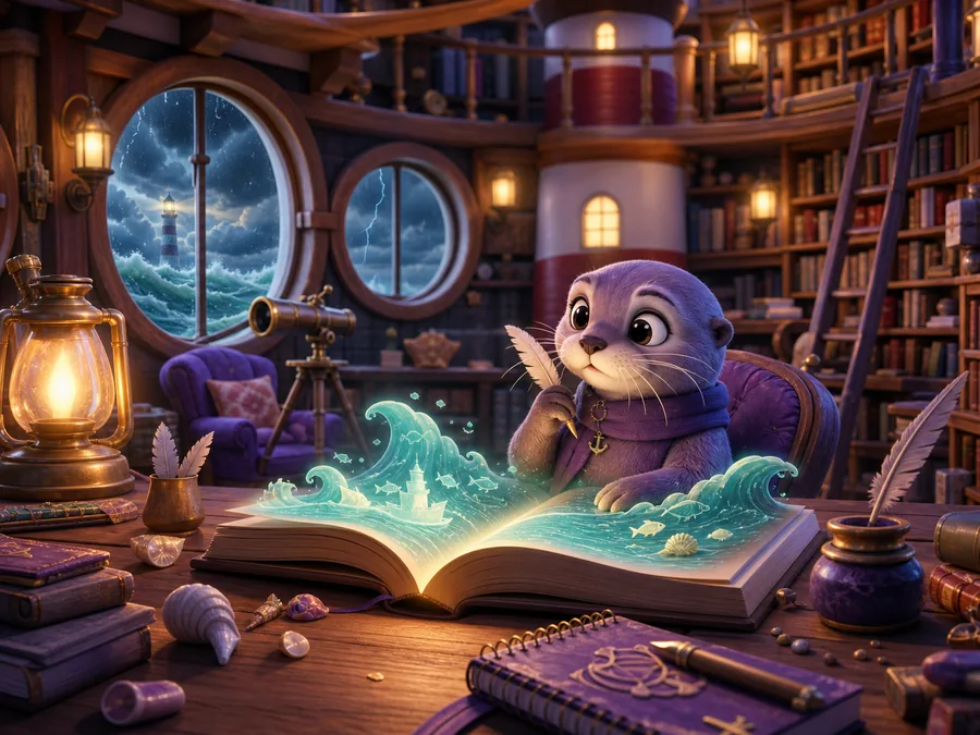 An otter writing beside a magical storybook in the Lighthouse Library