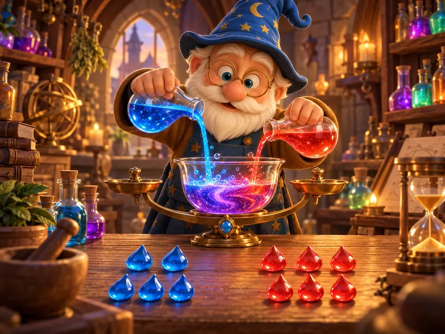 A wizard balancing blue and red potions on a set of scales in a magical pantry