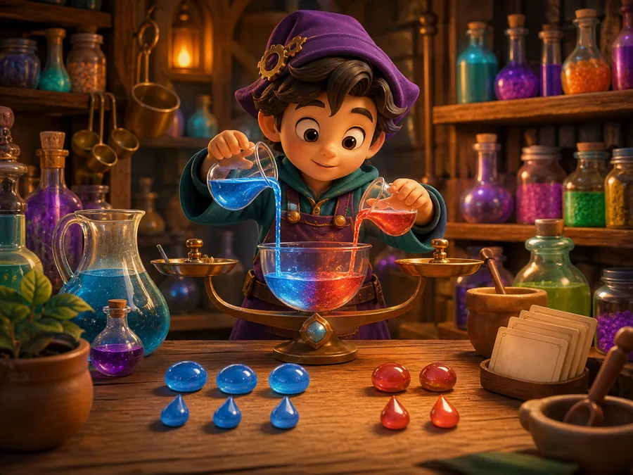A young mathematician balancing colourful potions in a magical pantry