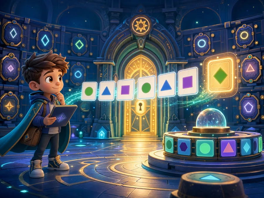 A young adventurer solving a sequence of shapes inside the Pattern Vault