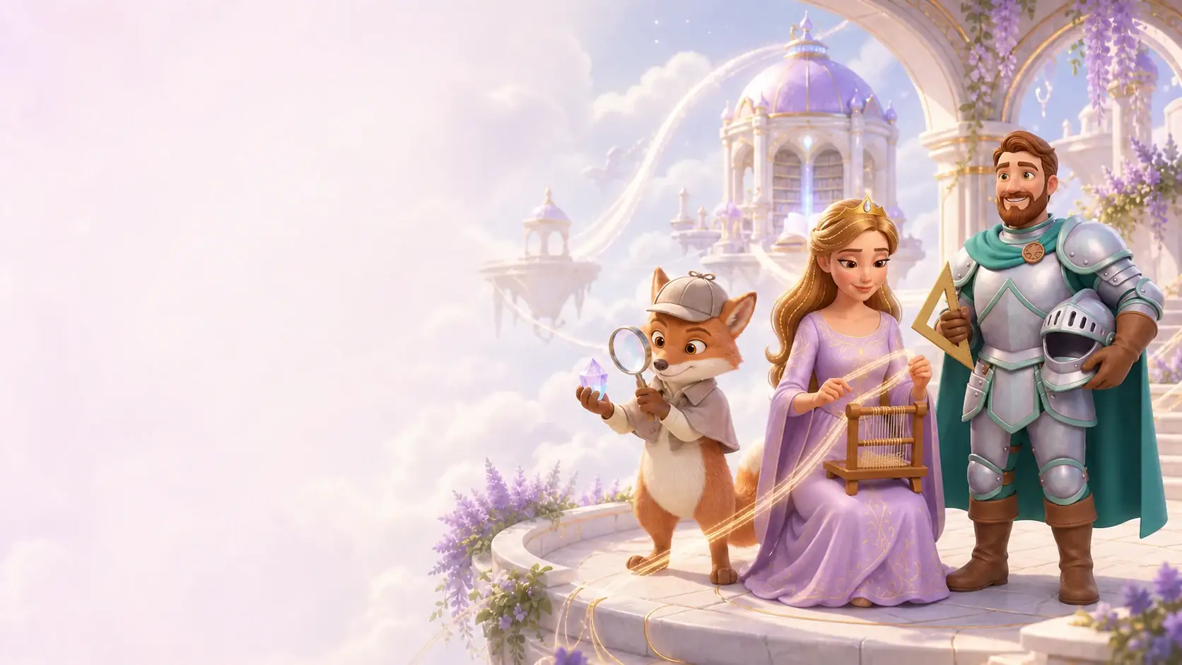 A magical weaver, a friendly knight and a curious fox gather in a bright cloud world