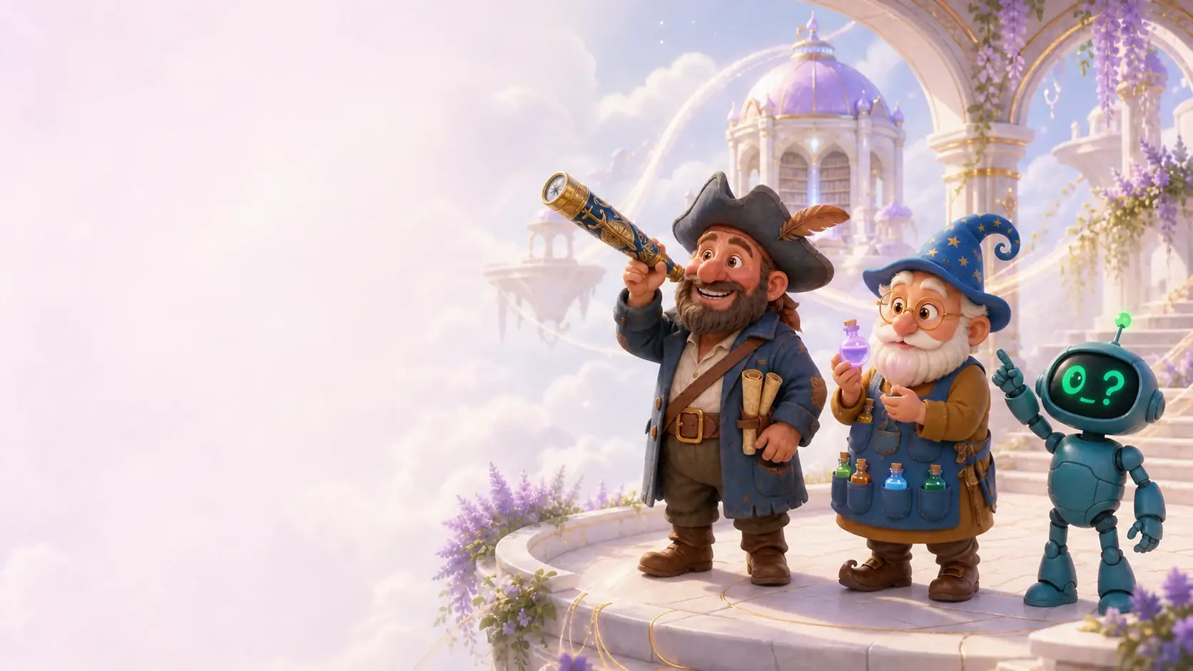 A cheerful pirate, a wise wizard and a friendly robot explore a magical cloud world