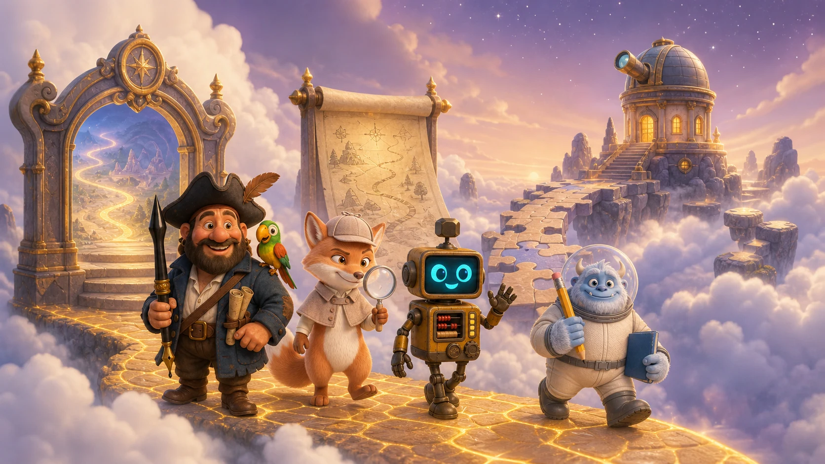 Captain Quill, Inspector Quibble, Numi and Cosmo White following a glowing path through a cloud kingdom