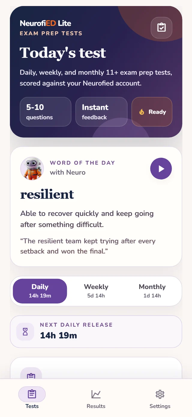 NeurofiED Lite home screen showing today's 11+ test and the Word of the Day
